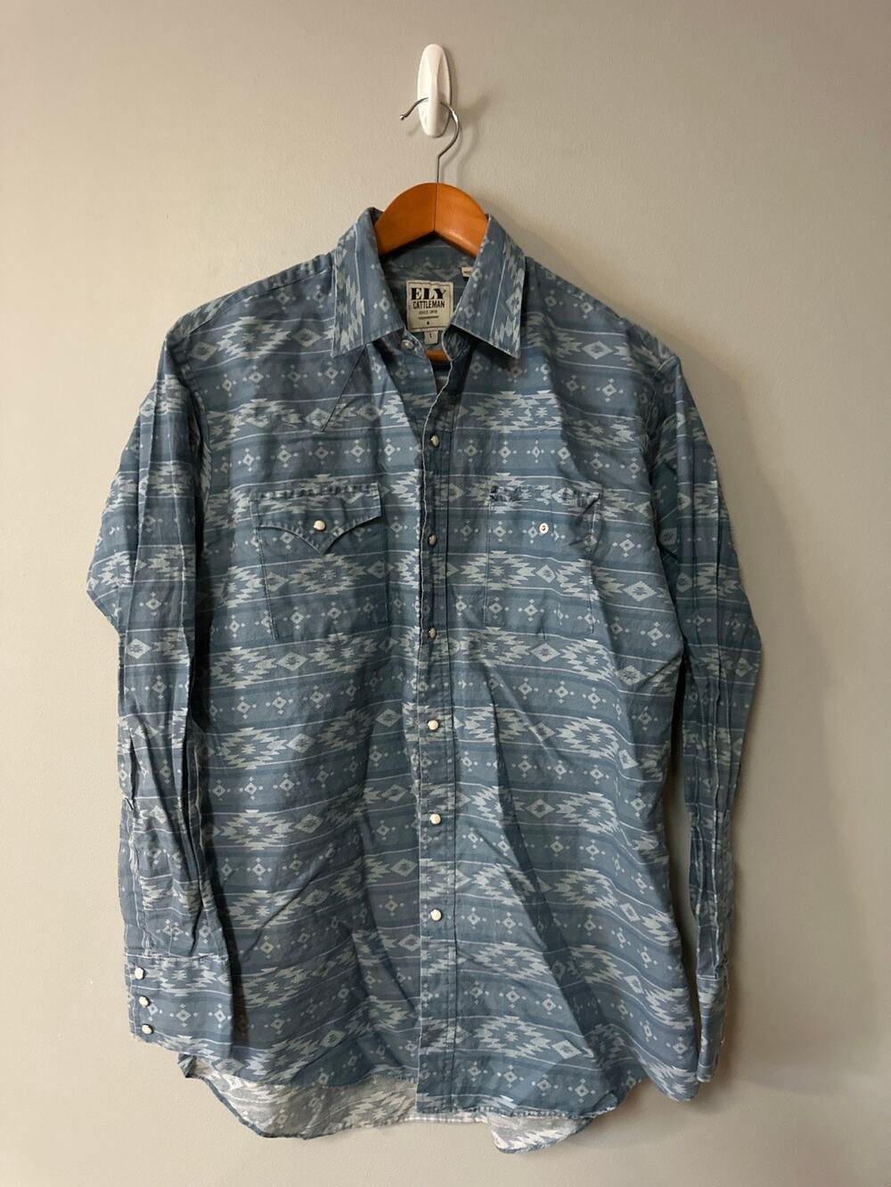ELY Cattleman Western Shirt Mens Medium Blue Aztec Snap Button Cowboy Rodeo